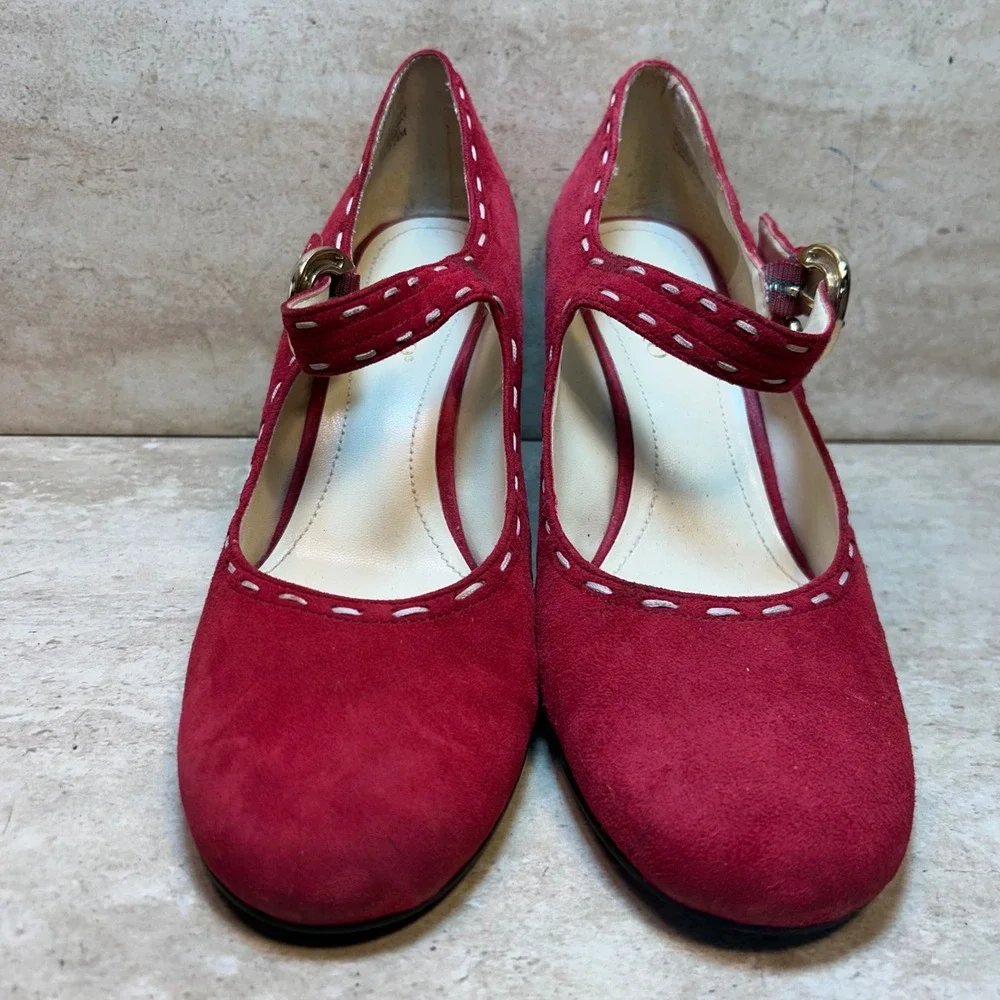 Franco Sarto Red Suede Mary Jane Wedge Pumps Whipstitch 10M L-SIRUP